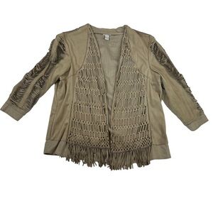 Chico's Faux-Suede Fringe Open Front Boho Jacket in Tan Size 12